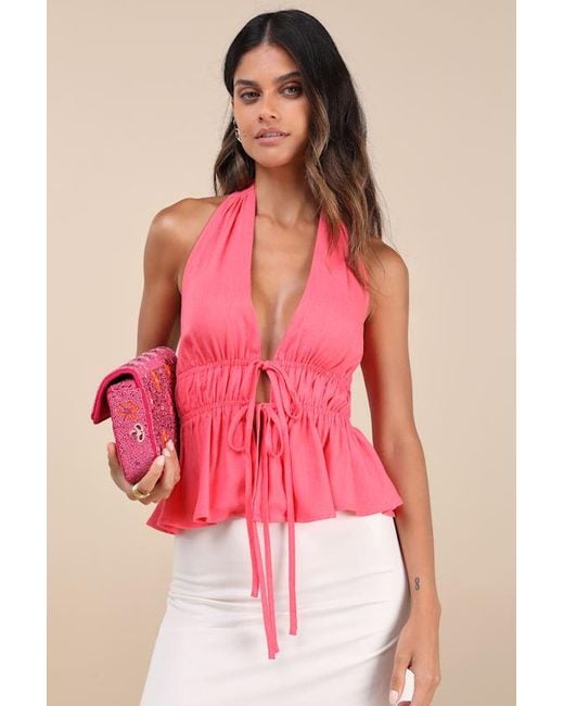 Lulus Pink Adelita Tie-Front Halter Peplum Top