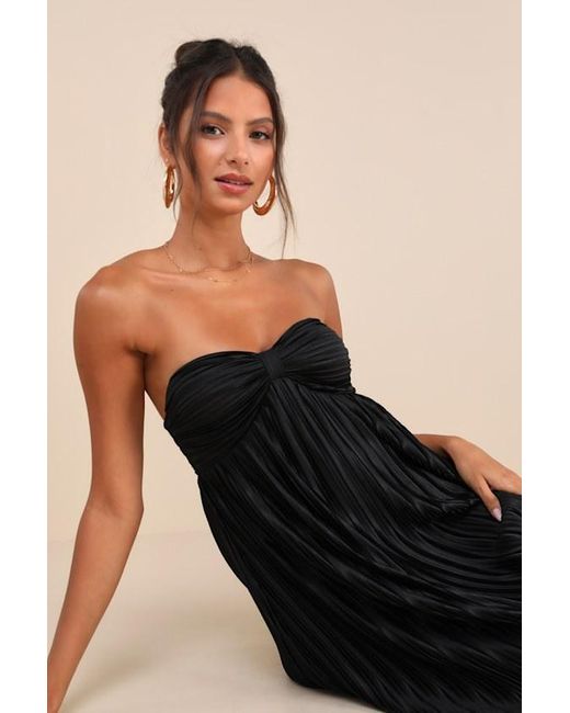 Lulus Black Whimsical Beauty Satin Plisse Strapless Maxi Dress