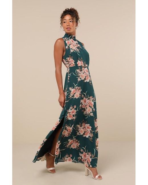 Lulus Blue Classic Elegance Emerald Floral Mock Neck Maxi Dress