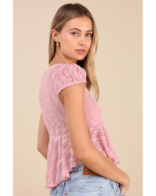 Lulus Pink Eliara Lace Cap Sleeve Babydoll Top