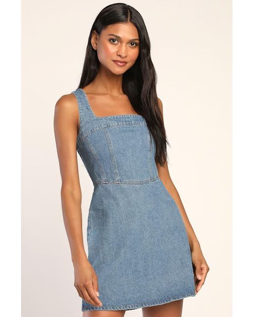 Lulus Blue So Delighted Medium Wash Denim Corset Seam Mini Dress