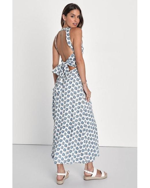 Lulus White Flirty Fave Floral Print Tie-Back Midi Dress