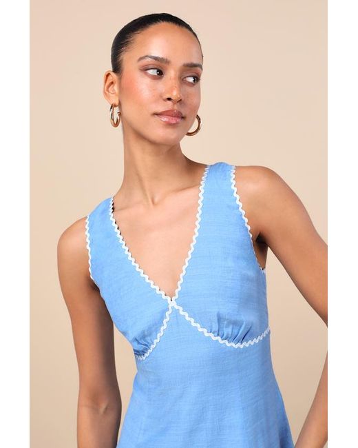 Lulus Blue Arelie Rickrack Sleeveless Mini Dress