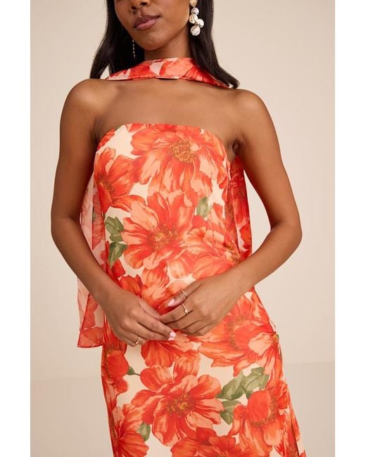 Lulus Orange Rawya Floral Strapless Maxi Dress And Scarf Set