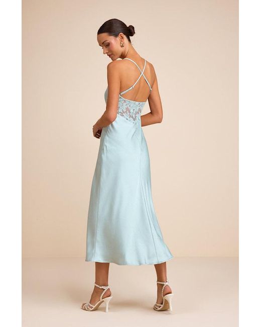 Lulus Blue Luetta Pale Satin Lace Slip Midi Dress