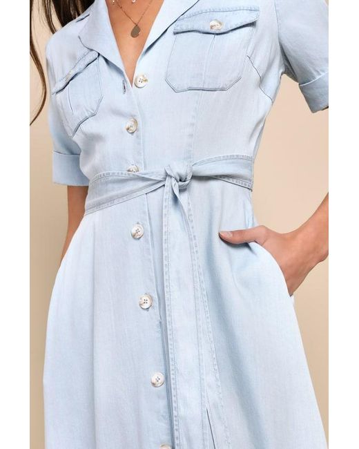 Lulus Blue Pleasant Cutie Chambray Collared Midi Dress With Pockets