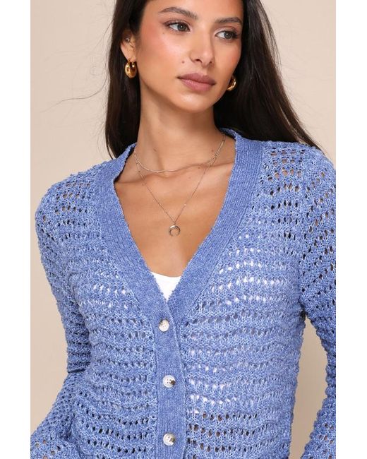 Lulus Blue Breezy Attitude Loose Knit Button-Up Cardigan Sweater