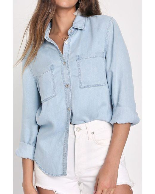 Lulus Blue Daily Vibe Chambray Long Sleeve Button-Up Top