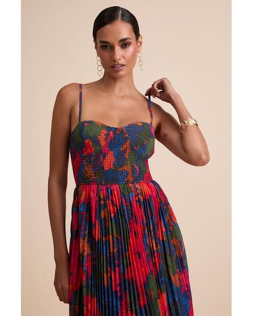 Lulus Red Kinleigh Multi Abstract Pleated Bustier Maxi Dress