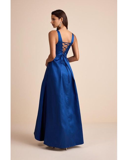Lulus Blue Wisola Taffeta Pleated Corset High-Low Maxi Dress