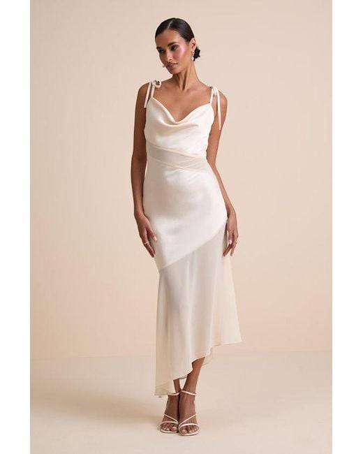 Lulus Natural Enara Cream Satin Mesh Tie-Strap Asymmetrical Midi Dress