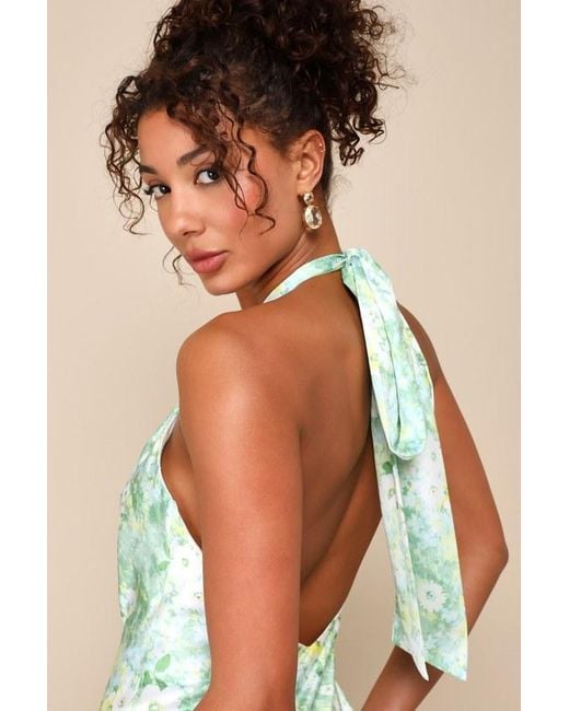 Lulus Green Glowing Presence Light Floral Satin Halter Maxi Dress