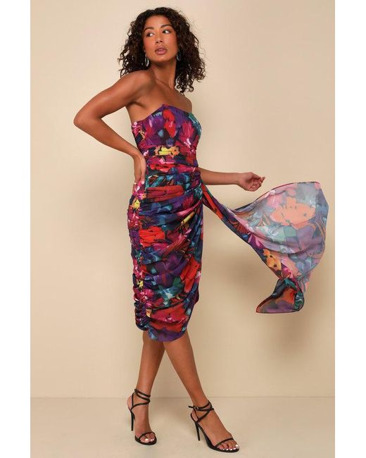 Lulus Red Uncommon Aesthetic Floral Strapless Bodycon Midi Dress