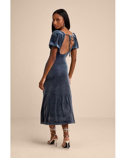 Lulus Blue Obrissa Velvet Puff Sleeve Tie-Back Midi Dress