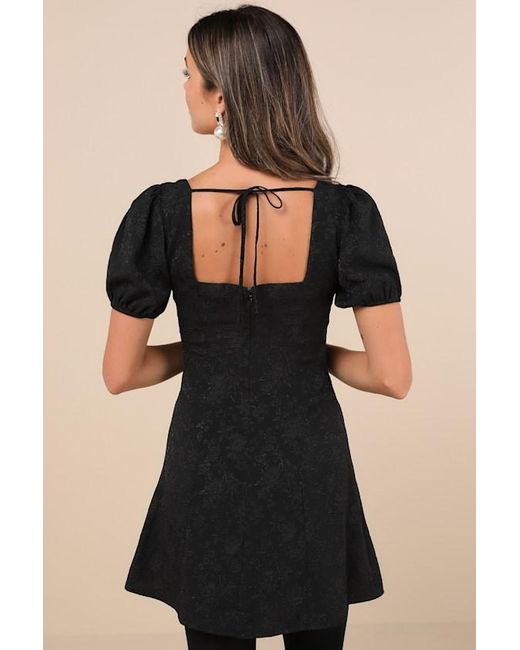Lulus Black Polished Sweetie Jacquard Bow Puff Sleeve Mini Dress