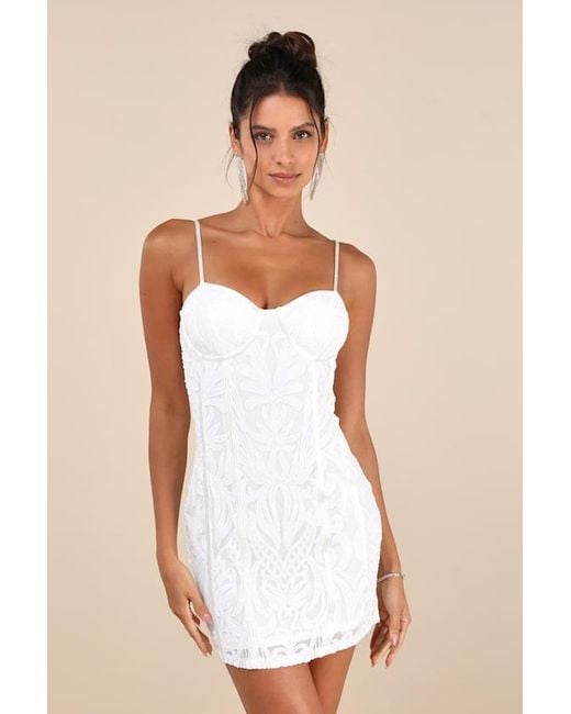 Lulus White Aglow With Love Mesh Sequin Bustier Bodycon Mini Dress