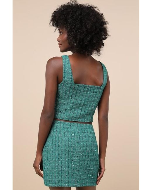 Lulus Green Exceptional Season Tweed Lurex Sequin Mini Skirt