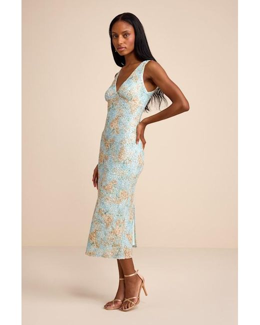 Lulus Natural Renita Floral Sequin Column Midi Dress