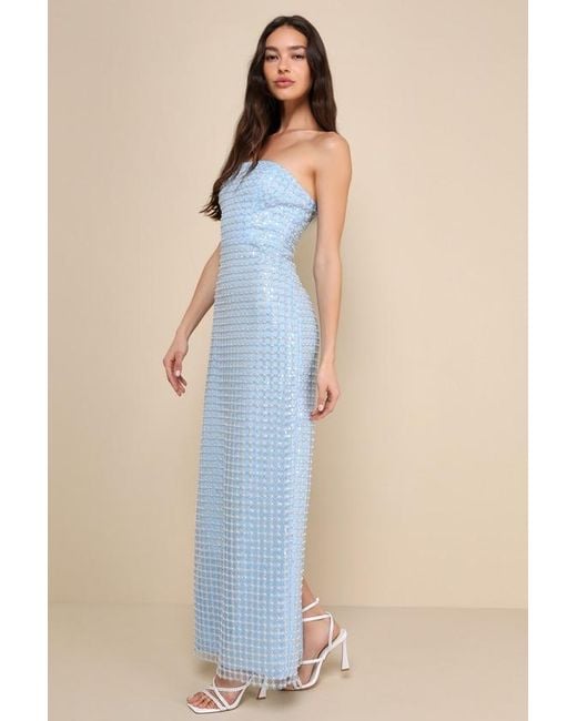 Lulus Blue Perfectly Luxurious Pearl Strapless Maxi Dress