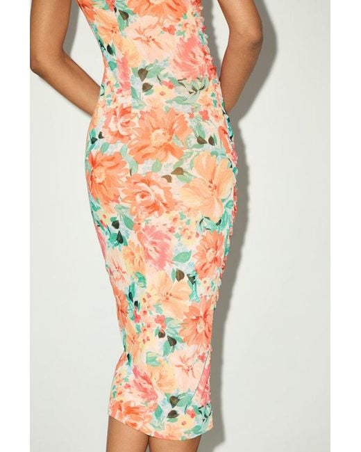 Lulus Orange Date Night Beauty Floral Print Mesh Ruched Midi Dress