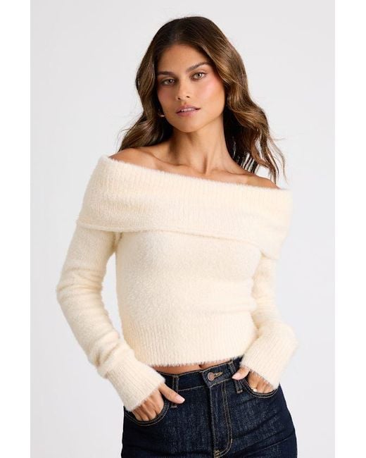 Lulus Natural Ravenna Eyelash Knit Off-The-Shoulder Sweater Top