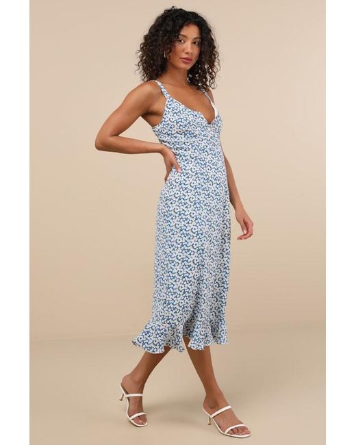 Lulus Blue Darling Daisies Floral Print Midi Dress