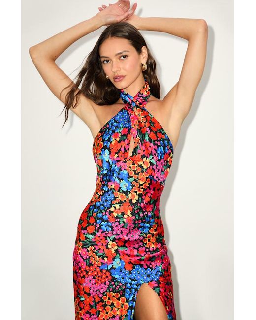 Lulus Red Bold Presence And Multi Floral Satin Halter Midi Dress
