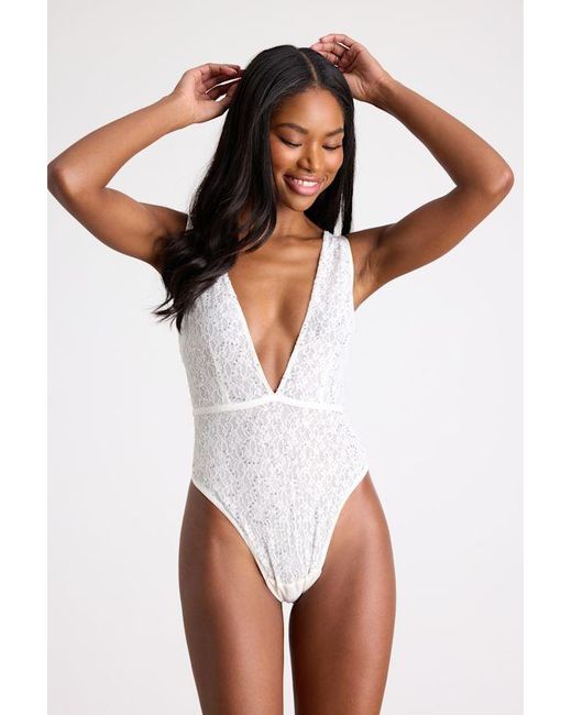 Lulus White Lumini Lace Rhinestone Sleeveless Plunge Bodysuit