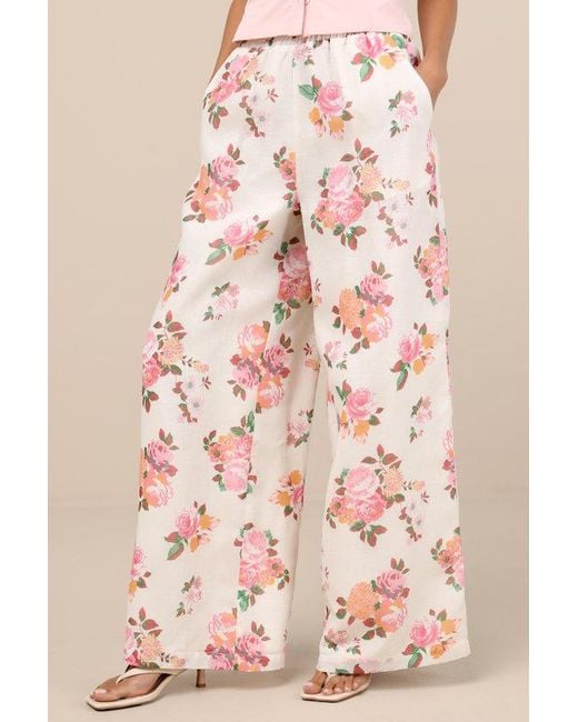 Lulus Natural Zerina Floral Print Wide-Leg Pants