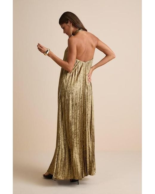 Lulus Natural Gelsey Lurex Pleated Halter Shift Maxi Dress