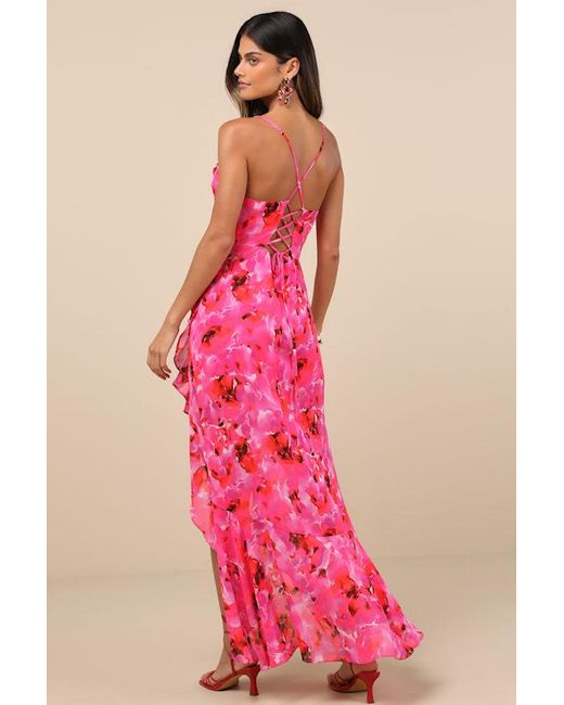 Lulus Pink Navina And Floral High-Low Midi Dress