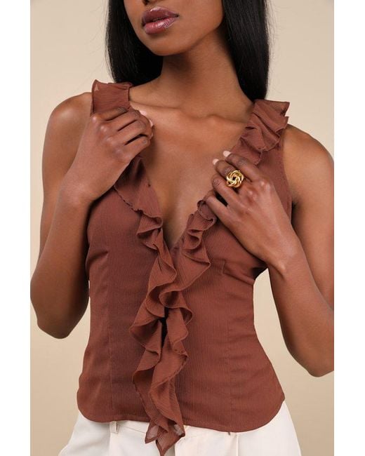 Lulus Brown Briella Ruffled Button-Front Top