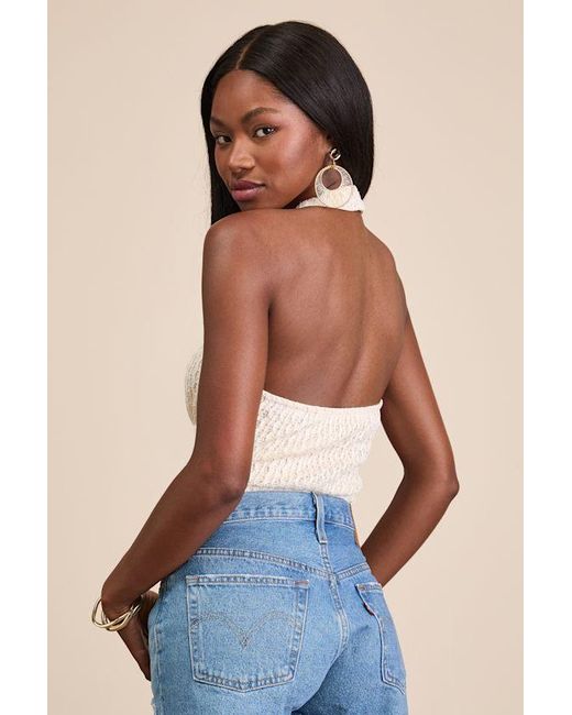 Lulus Blue Sidia Cream Textured Knit Cross-Front Bodysuit