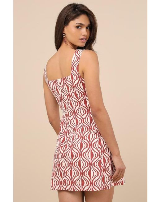 Lulus Pink Pollie Rust And Cream Print Beaded Linen Sleeveless Mini Dress