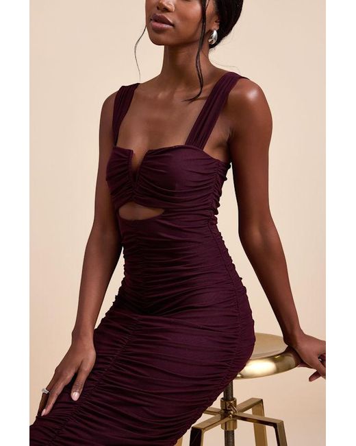 Lulus Red Aelara Dark Plum Mesh Ruched Trumpet Midi Dress