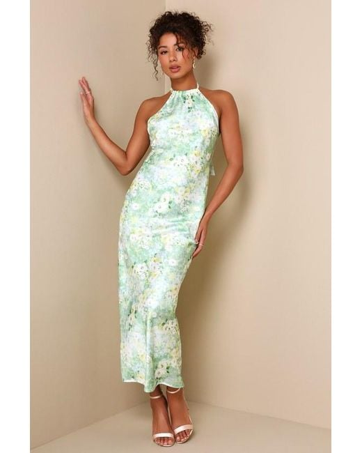 Lulus Green Glowing Presence Light Floral Satin Halter Maxi Dress
