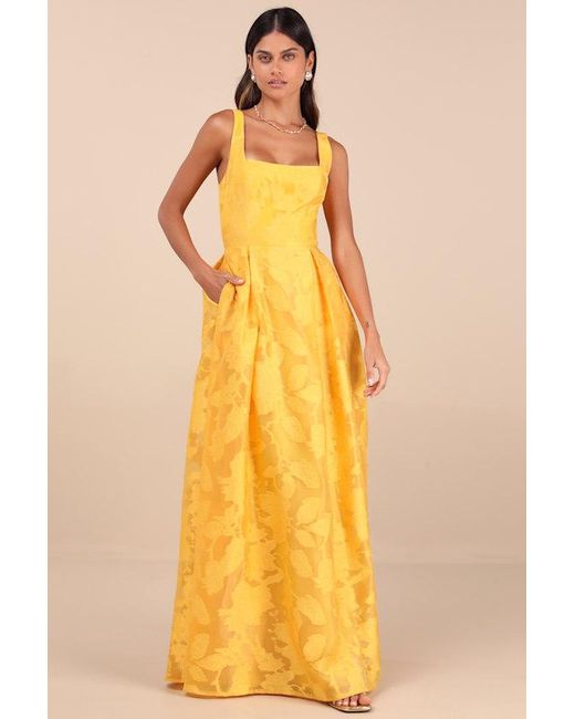 Lulus Yellow Perfected Aura Jacquard Tie-Back Maxi Dress With Pockets