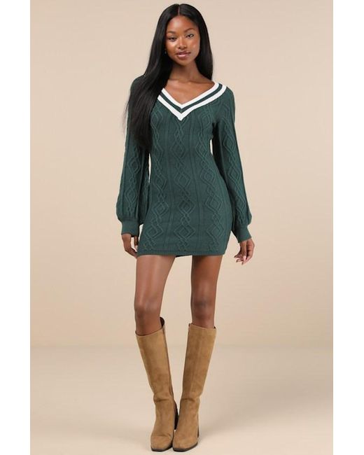 Lulus Green Inviting Poise Cable Knit Sweater Mini Dress