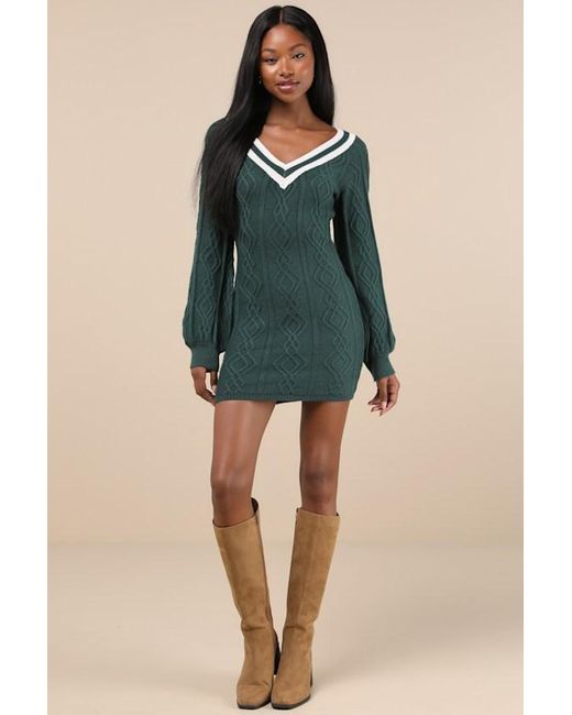 Lulus Green Inviting Poise Cable Knit Sweater Mini Dress