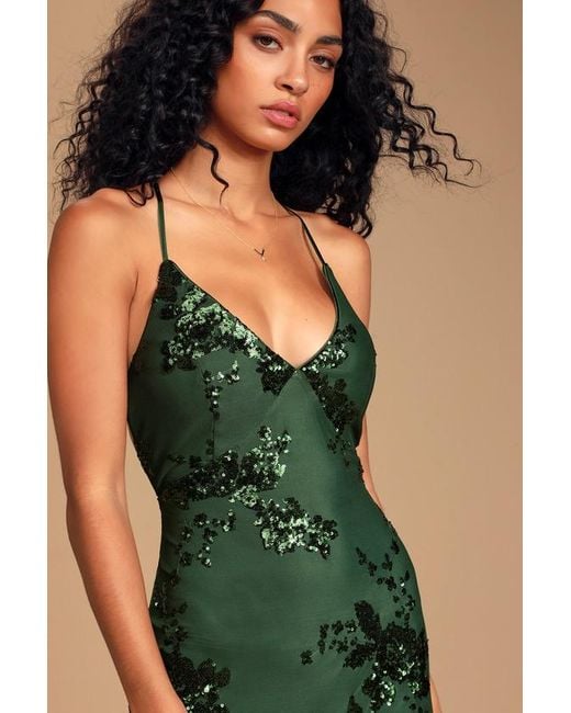 Lulus Green Valhalla Forest Sequin Lace-Up Maxi Dress