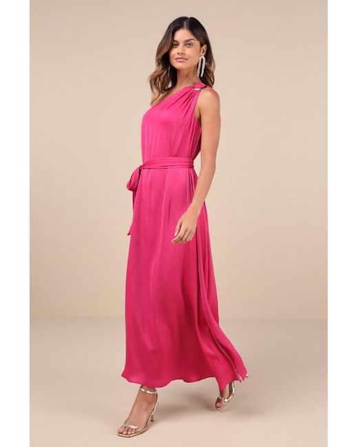 Lulus Pink Goddess Aura Satin One-Shoulder Maxi Dress