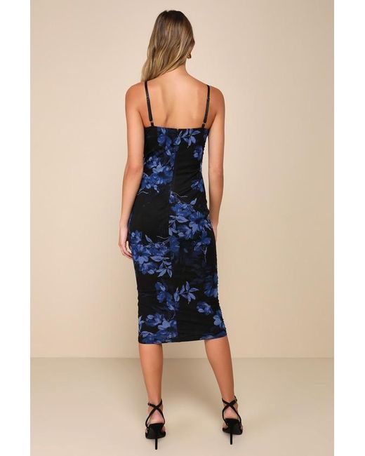 Lulus Blue Date Night Beauty Floral Print Mesh Ruched Midi Dress