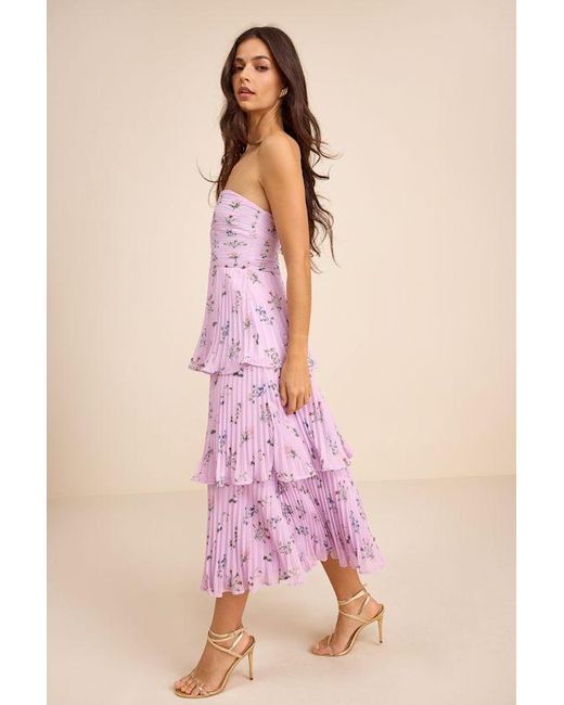 Lulus Pink Hadelyn Floral Pleated Tiered Midi Dress