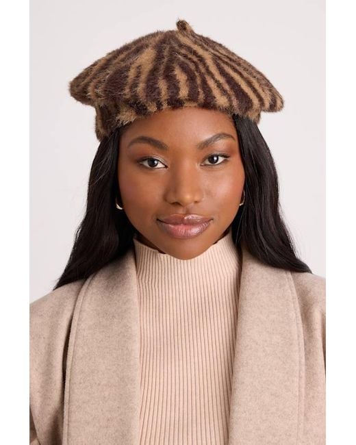 Lulus Brown Dashwood Animal Print Fuzzy Knit Beret