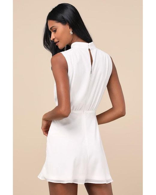 Lulus Natural Classic Elegance Chiffon Sleeveless Mock Neck Mini Dress