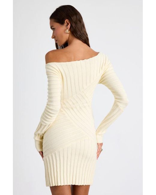 Lulus Natural Penelope Cream Ribbed Off-The-Shoulder Sweater Mini Dress