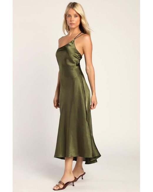 Lulus Green One That Got Away Satin One-Shoulder Midi Dress