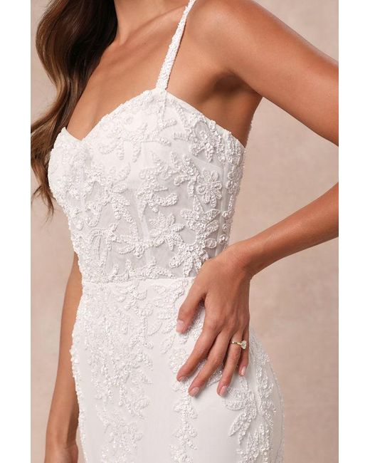 Lulus Natural Momentous Love Beaded Bustier Mesh Mermaid Maxi Dress