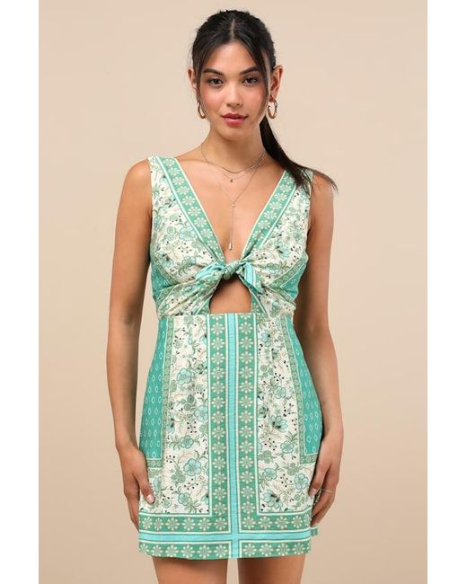 Lulus Green Silvana Multi Floral Knot-Front Mini Dress