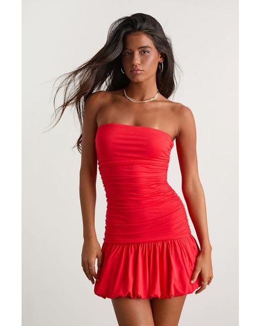 Lulus Red Calix Strapless Ruched Bubble-Hem Mini Dress